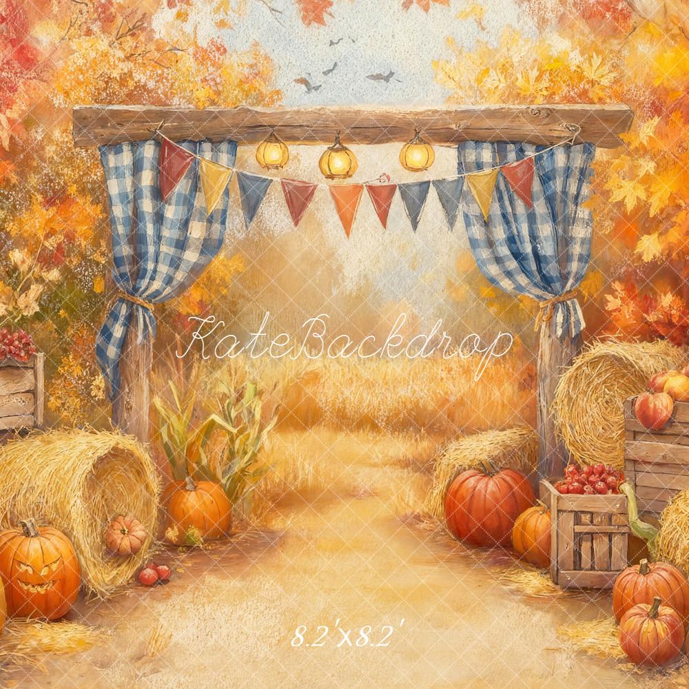 Kate Fall Forest Pumpkins Hay Bales Rustic Arch Leaves Backdrop Designed by GQ