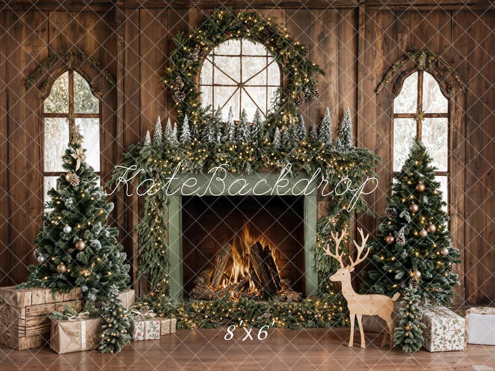 Kate Christmas Tree Wood Fireplace Wreath Deer Backdrop Designed by Emetselch
