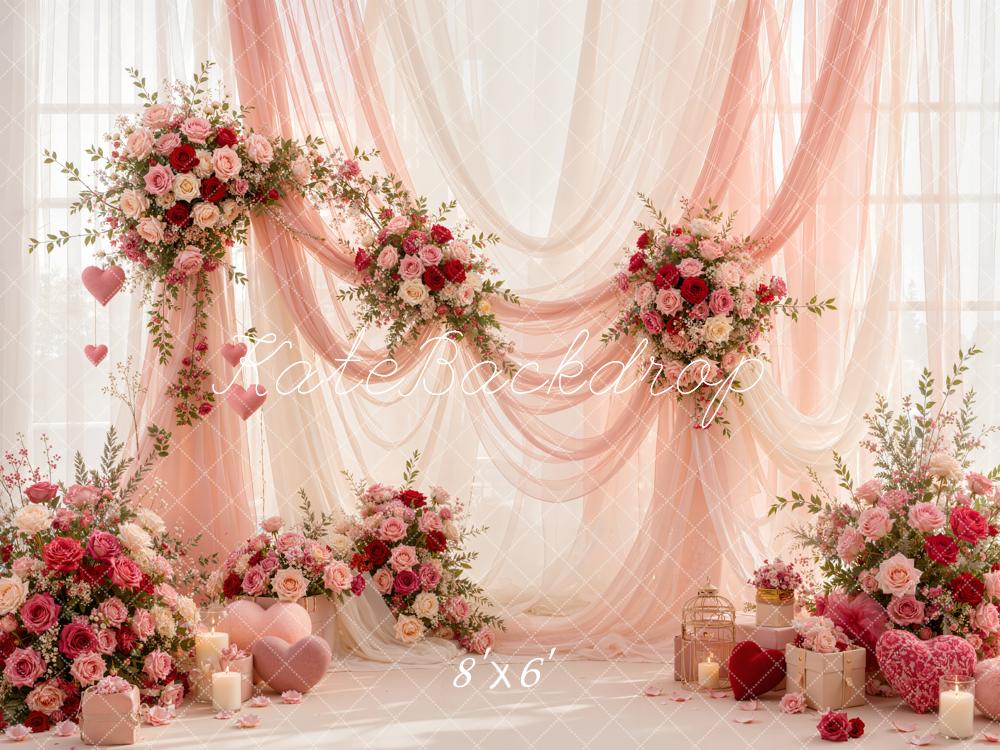Kate Valentine's Day Pink Sheer Rose Floral Drapery Printed Backdrop Designed by Emetselch