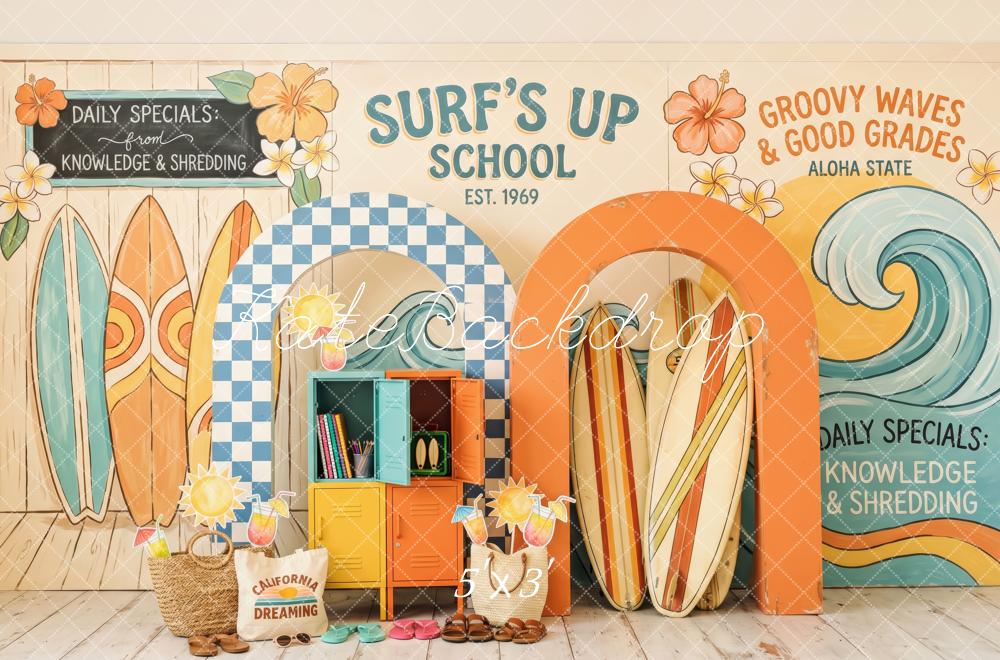 Kate Summer Surf’s Up School Surfboards Wave Arches Printed Backdrop Designed by Patty Roberts