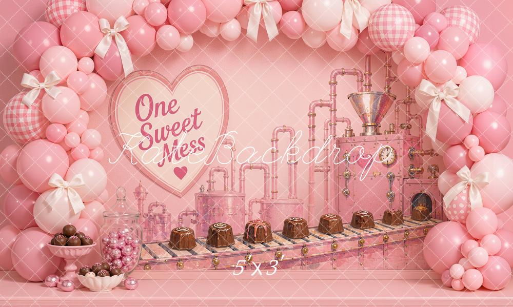 Kate Cake Smash Pink Candy Factory Balloon Arch Chocolates Printed Backdrop Designed by Ashley Ward