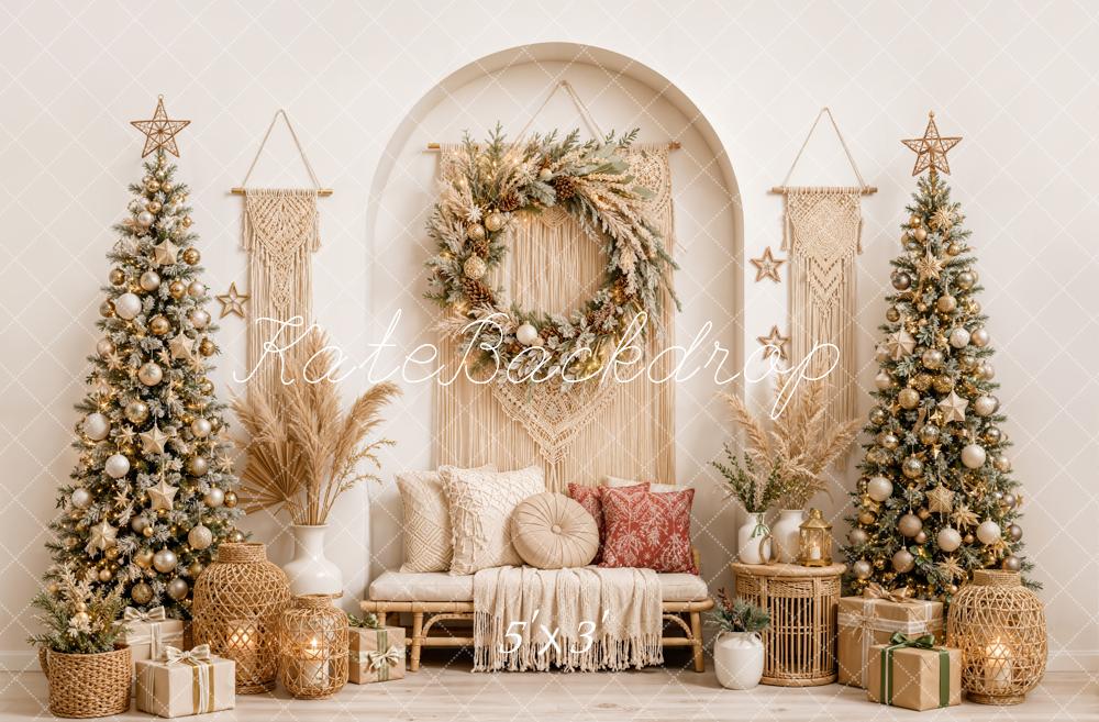 Kate Christmas Boho Macrame Wreath Christmas Trees Pillows Printed Backdrop Designed by Emetselch