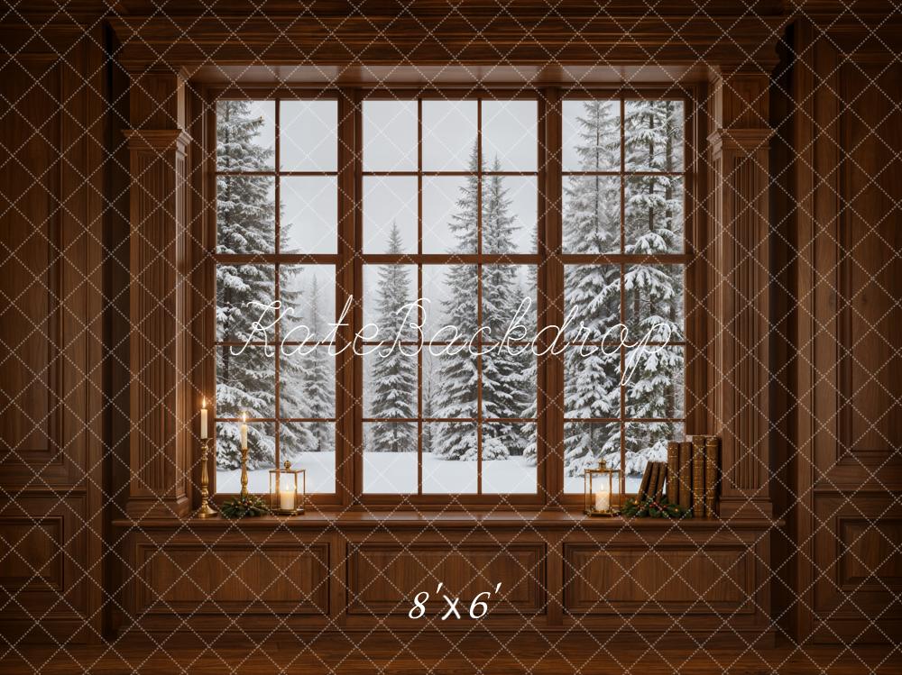 Kate Winter Window Snowy Pine Trees Vintage Wall Printed Backdrop Designed by Emetselch