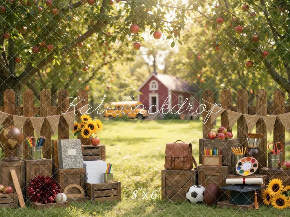 Kate Back To School Exterior Brown Fence Apple Orchard Wooden Crates Printed Backdrop Designed by Mini MakeBelieve