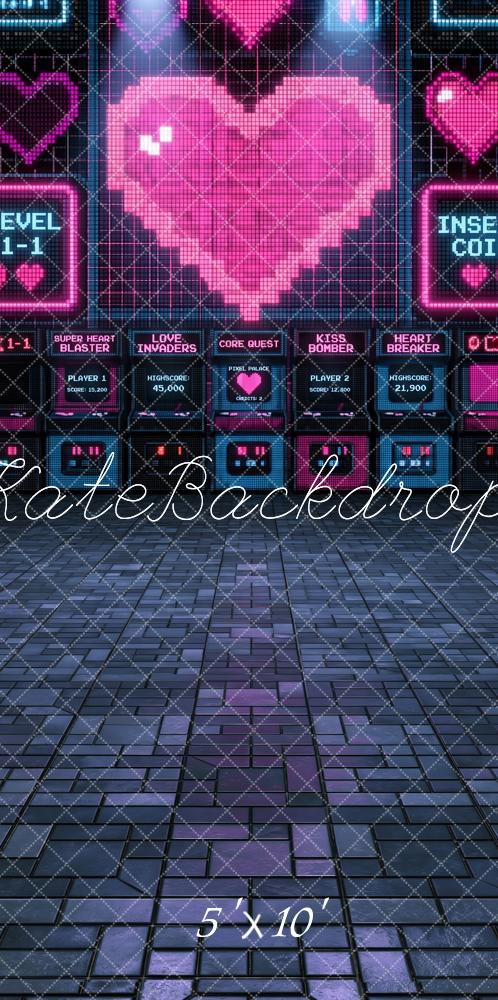 Kate Sweep Valentine's Day Pink Neon Pixel Heart Printed Backdrop Designed by Angela Miller