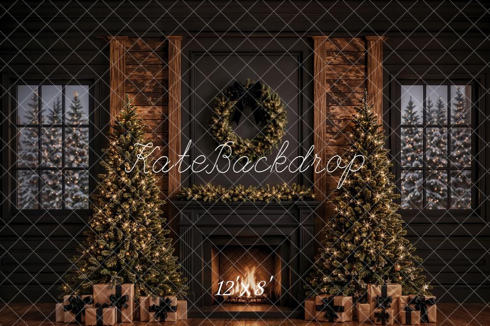 Kate Christmas Fireplace Christmas Trees Wreath Garland Presents Black Printed Backdrop Designed by Emetselch