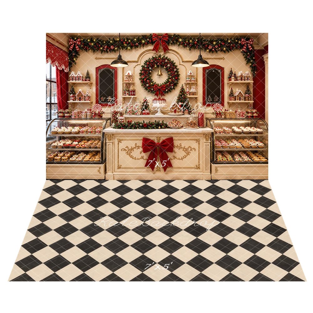 Kate Christmas Bakery Shop Cupcake Wreath Garland Printed Backdrop+Black And Beige Buffalo Plaid Printed Backdrop