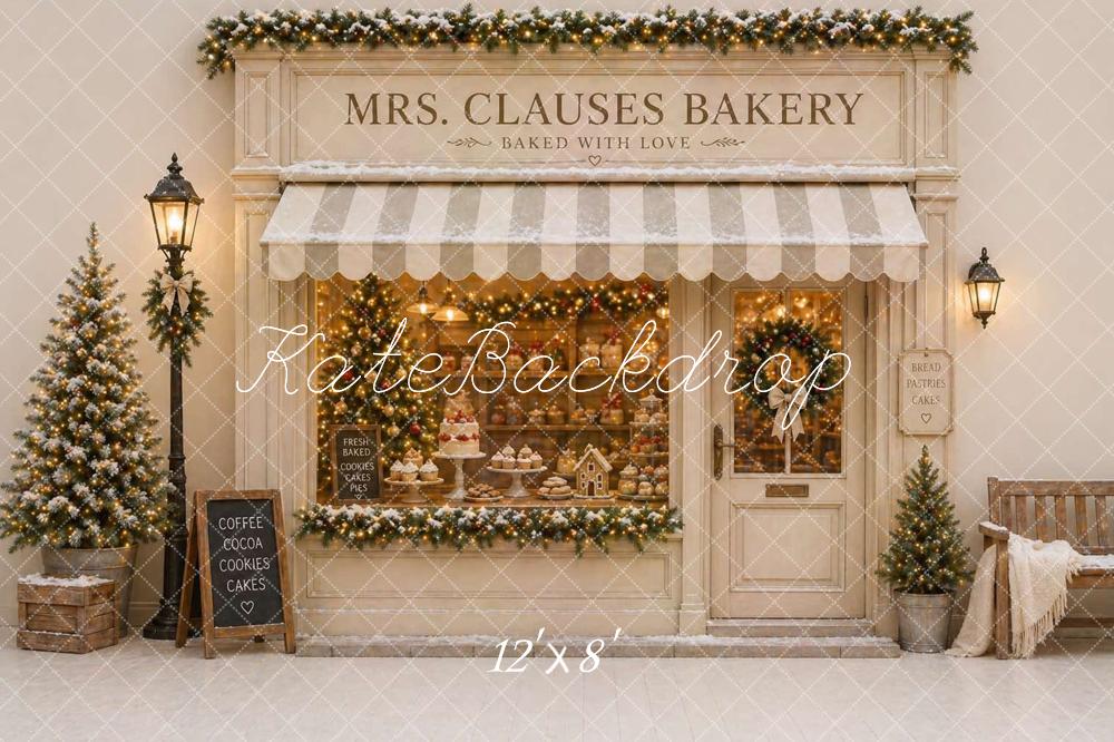 Kate Christmas Beige Bakery Storefront Printed Backdrop Designed by Caitlin Lynch