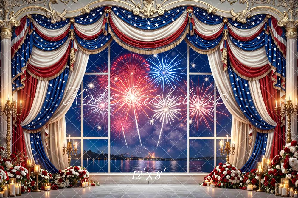 Kate Independence Day Window Fireworks Red White Blue Drapes Printed Backdrop Designed by Mini MakeBelieve