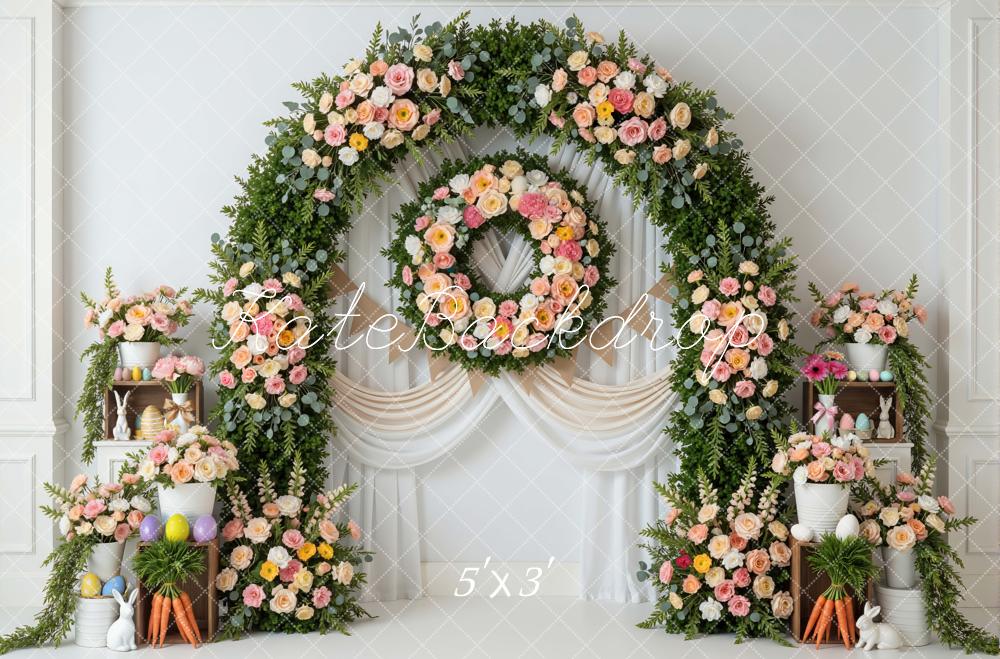 Kate Easter Bunny Flower Arch Pastel Eggs Carrots Printed Backdrop Designed by Mini MakeBelieve