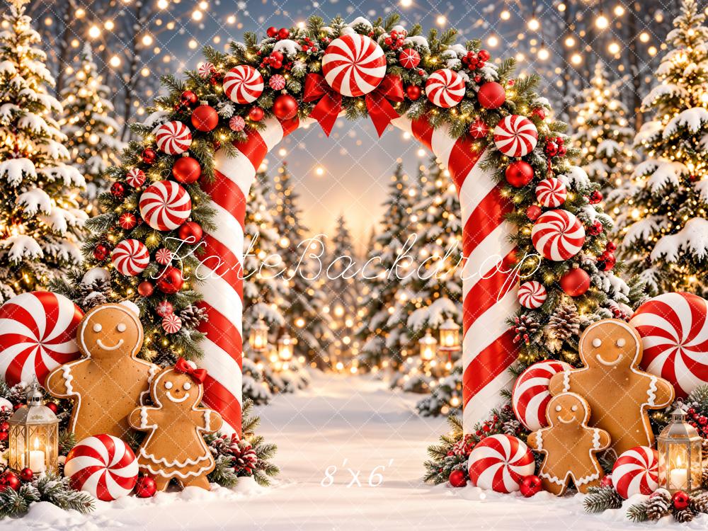 Kate Christmas Candy Cane Arch Gingerbread Snowy Forest Printed Backdrop Designed by Emetselch