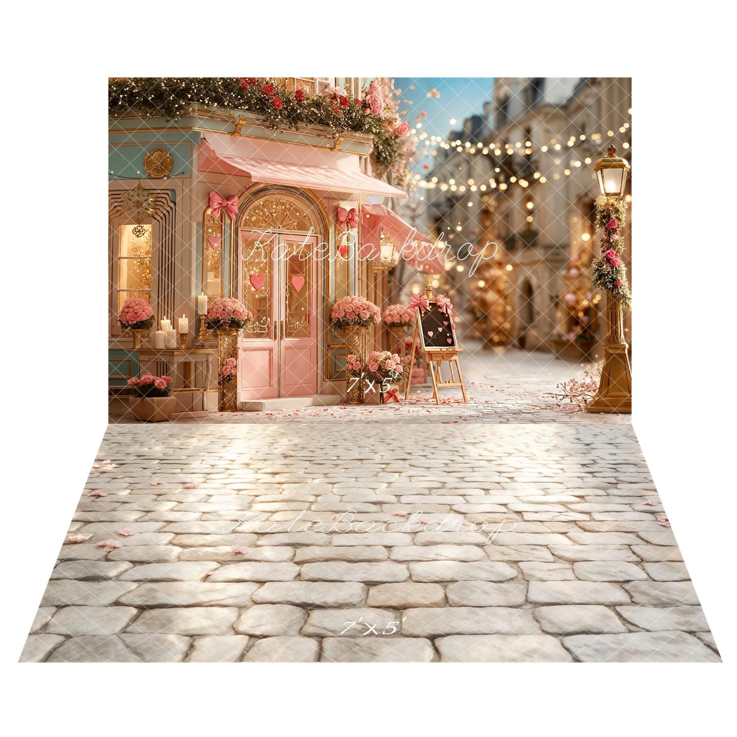 Kate Valentine's Day Café Pink Roses Printed Backdrop+Light Cobblestone Floor Printed Backdrop