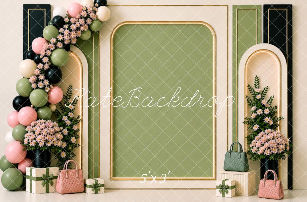 Kate Birthday Luxury Sage Green Pink Floral Balloon Arch Gold Frame Handbag Printed Backdrop Designed by Shutter Swan Studios