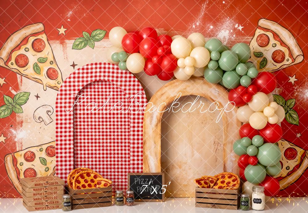 Kate Cake Smash Pizza Party Red Checkered Balloon Arch Printed Backdrop Designed by Patty Roberts