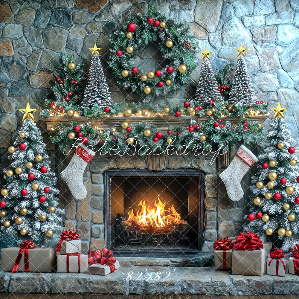 Kate Christmas Tree Stone Fireplace Wreath Winter Backdrop Designed by Mini MakeBelieve
