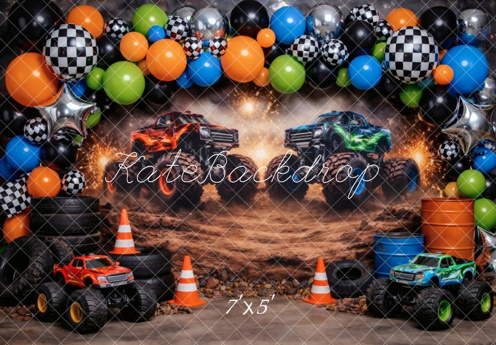 Kate Cake Smash Monster Truck Checkered Balloons Dirt Track Printed Backdrop Designed by Vertigo Productions