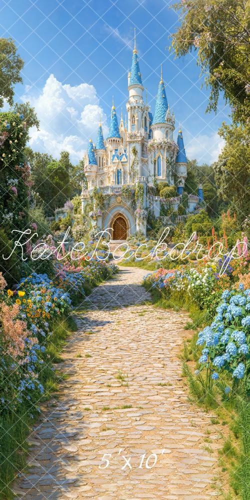 Kate Sweep Fairy Castle Blue Towers Garden Cobblestone Path Backdrop Designed by Chain Photography