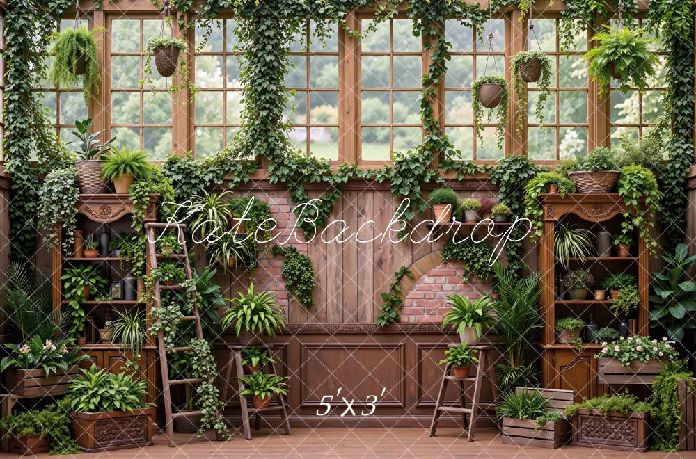 Kate Spring Greenhouse Garden Windows Brick Arch Cabinet Plants Printed Backdrop Designed by Mini MakeBelieve