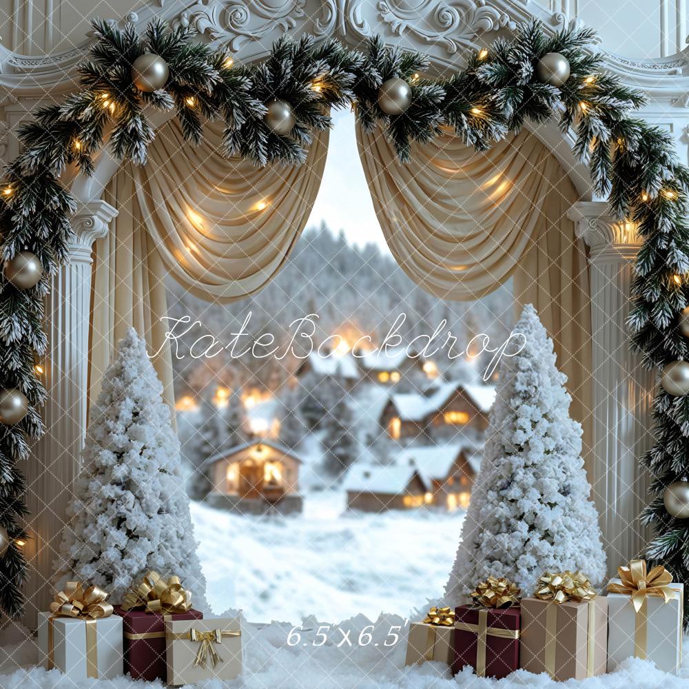 Kate Christmas Retro Arch Garland Snow Trees Winter Village Backdrop Designed by Mini MakeBelieve
