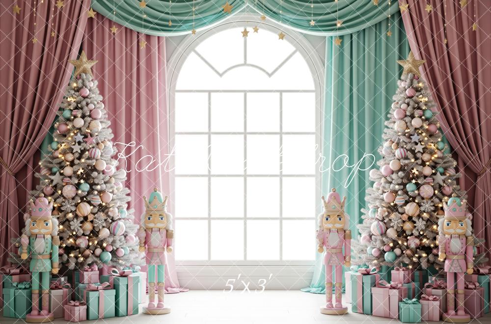 Kate Christmas Nutcracker Pink Teal Christmas Tree Window Curtains Backdrop Designed by Patty Roberts