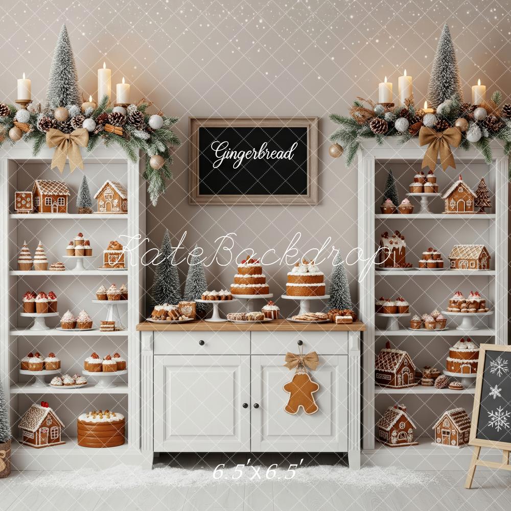 Kate Christmas Gingerbread Dessert Table White Shelves Snowy Trees Backdrop Designed by Patty Roberts