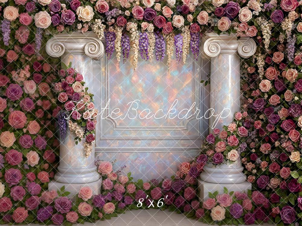 Kate Valentines Flower Wall Opal Columns Roses Backdrop Designed by Mini MakeBelieve