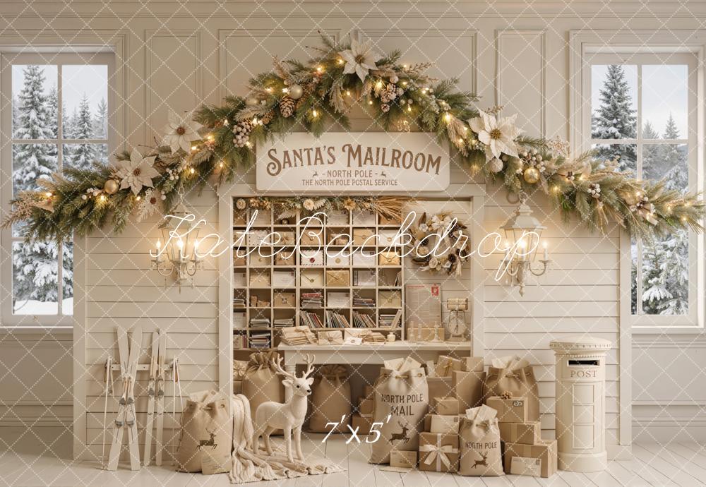 Kate Christmas Mailroom Garland Gifts Reindeer White Window Printed Backdrop Designed by Emetselch