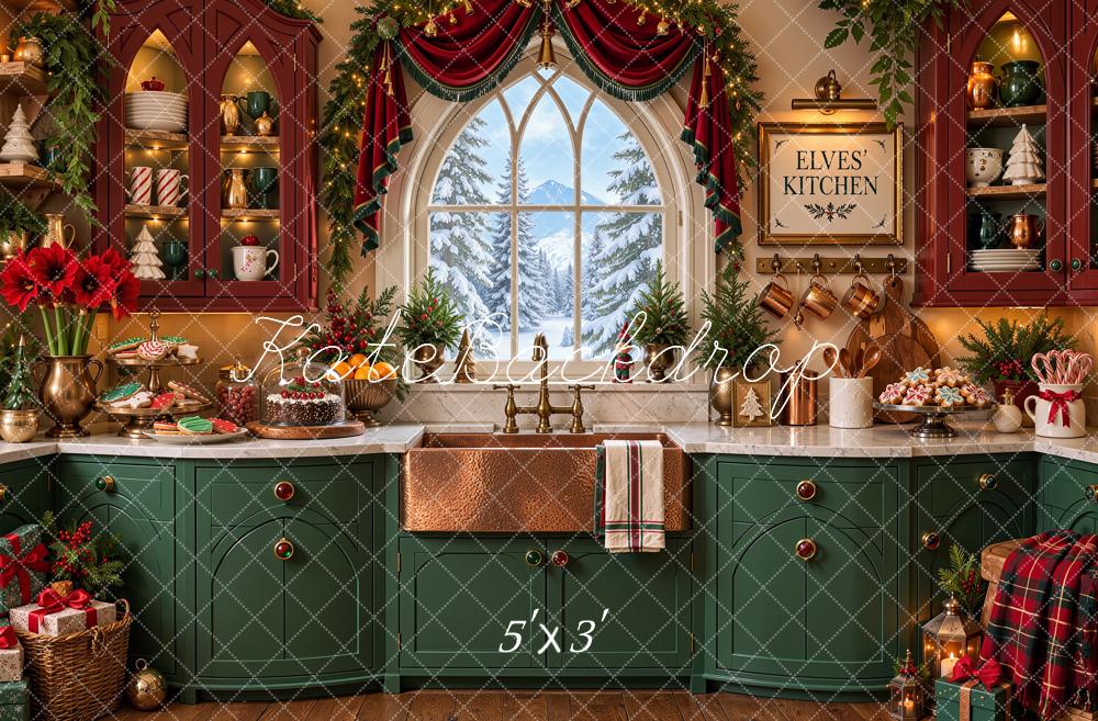 Kate Christmas Kitchen North Pole Elf Arched Window Garland Green Printed Backdrop Designed by Shutter Swan Studios