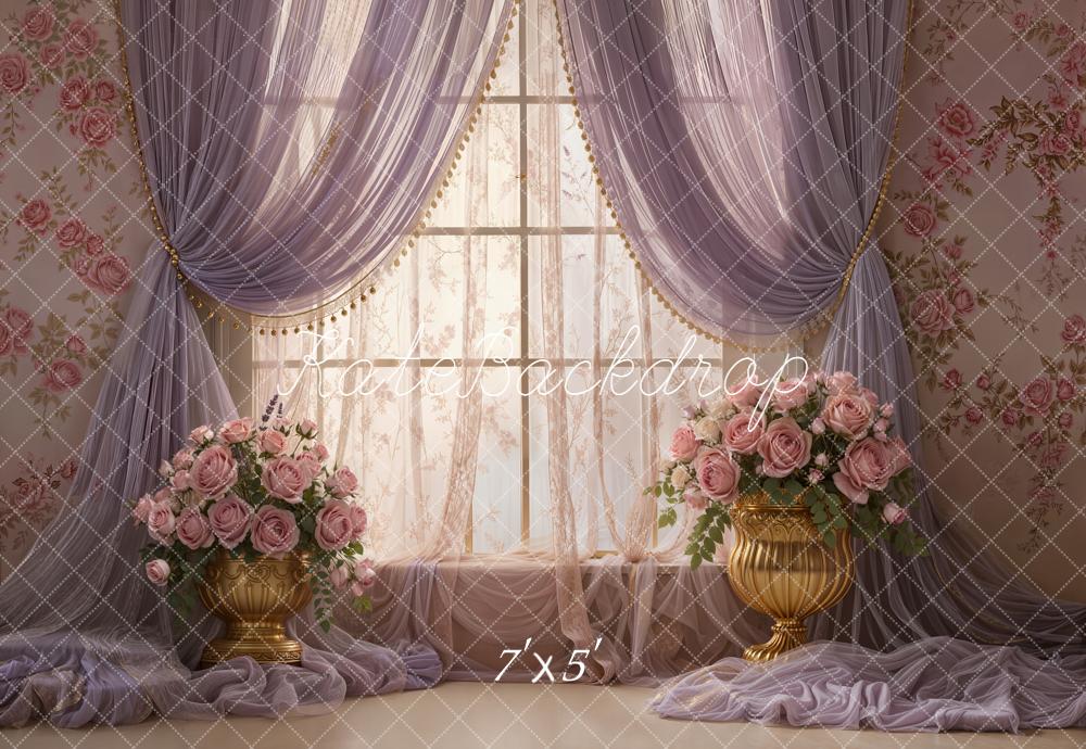 Kate Spring Floral Window Purple Drapes Gold Vases Pink Roses Backdrop Designed by Emetselch