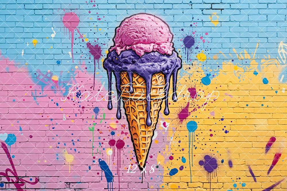 Kate Summer Ice Cream Cone Graffiti Brick Wall Printed Backdrop Designed by Emetselch