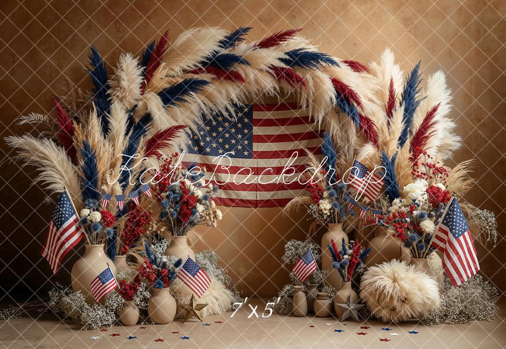 Kate Patriotic Boho Pampas Flower Arch American Flag Printed Backdrop Designed by Emetselch