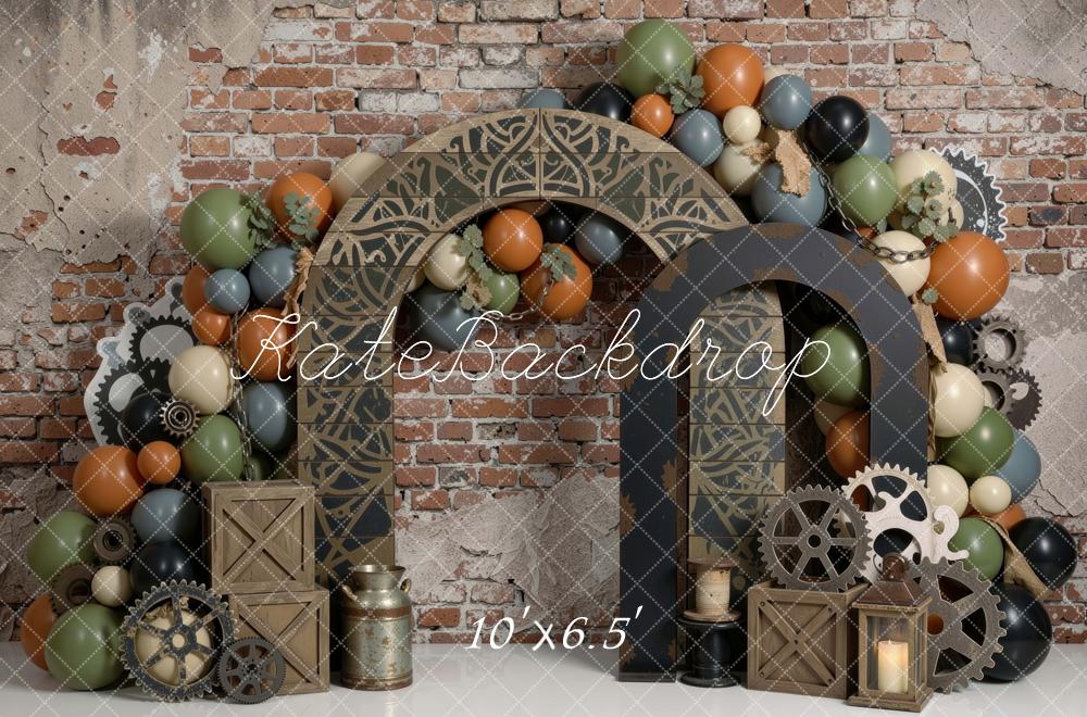 Kate Birthday Steampunk Arch Gears Balloons Brick Wall Boys Printed Backdrop Designed by Mini MakeBelieve