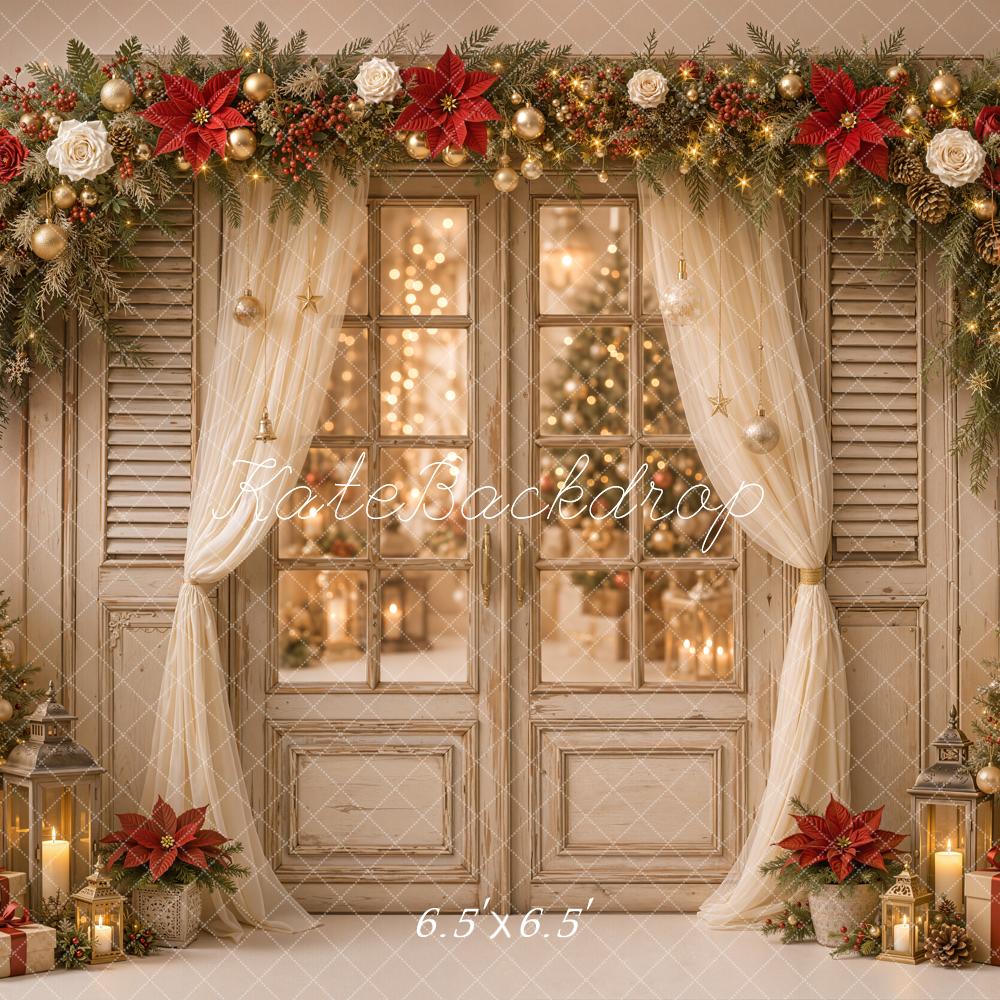 Kate Christmas Poinsettia Window Curtains Garland Printed Backdrop Designed by Emetselch
