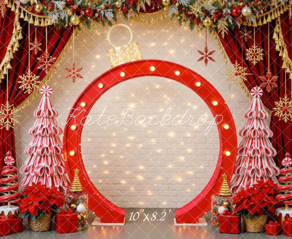 Kate Christmas Red Giant Ornament Candy Cane Trees Curtains Printed Backdrop Designed by Mini MakeBelieve