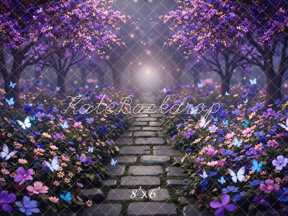 Kate Fairy Fantasy Stone Path Purple Flowers Butterflies Printed Backdrop Designed by Mini MakeBelieve