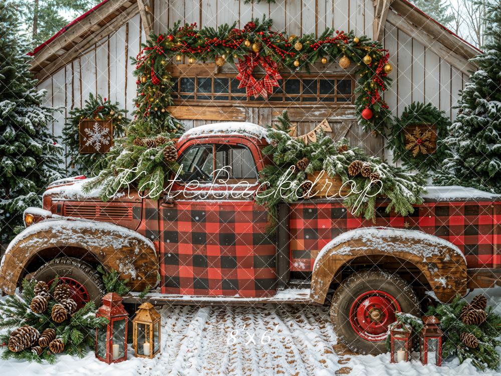 Kate Christmas Red Plaid Truck Cabin Snow Backdrop Designed by Emetselch