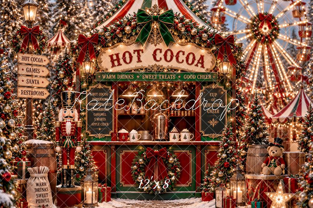 Kate Christmas Hot Cocoa Stand Ferris Wheel Nutcracker Snow Printed Backdrop Designed by Ashley Paul