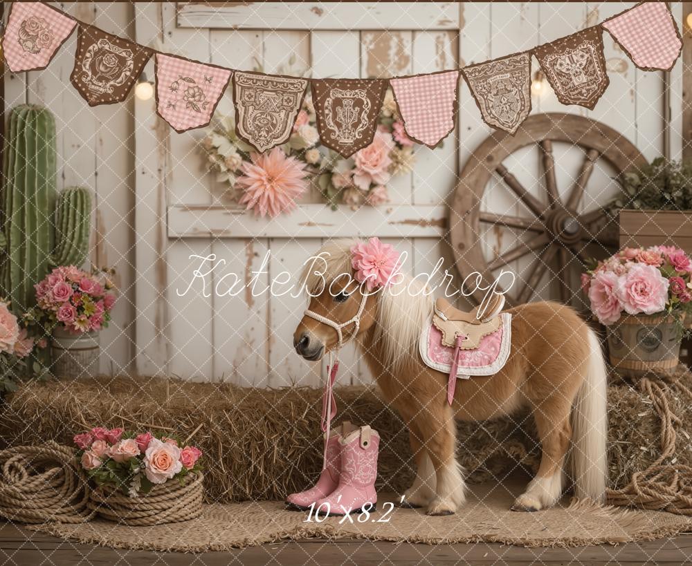 Kate Western Pony Pink Flowers Cactus Wagon Wheel Hay Bales Printed Backdrop Designed by Emetselch