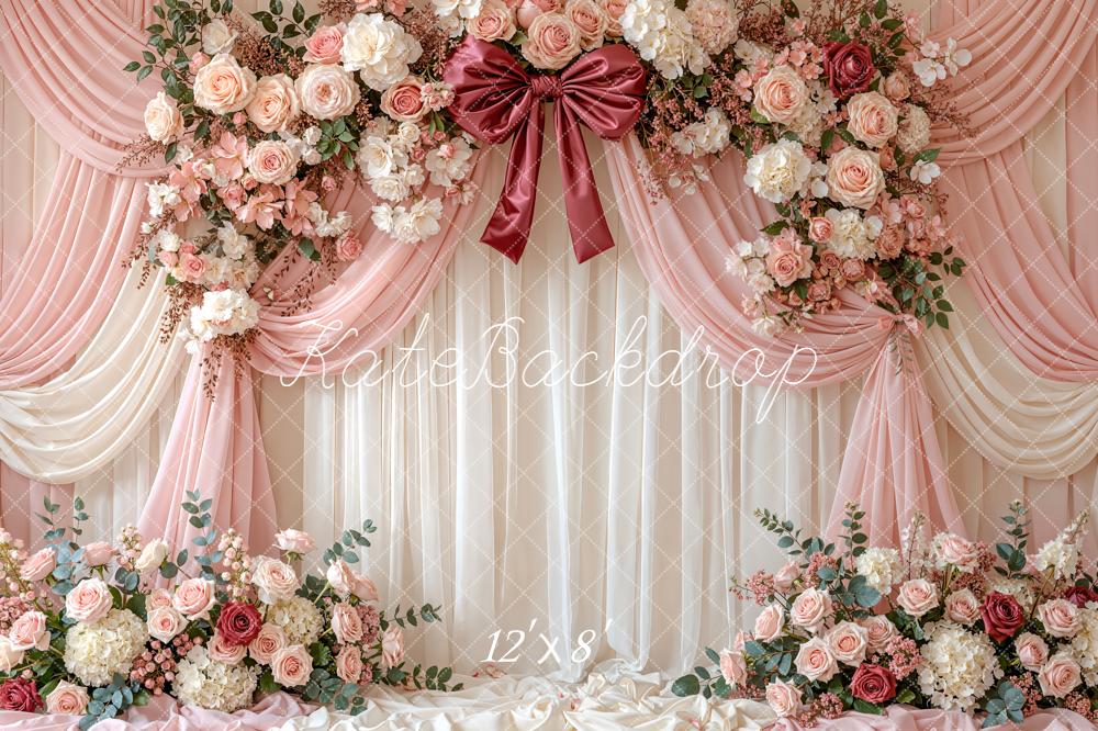 Kate Mother's Day Flower Arch Pink Drapes Roses Bow Printed Backdrop Designed by Emetselch