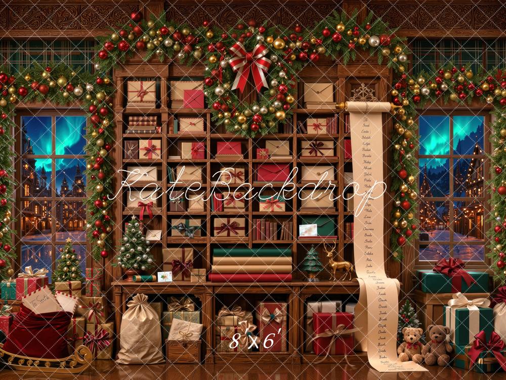 Kate Christmas Santa's Workshop Garland Gift Shelf Printed Backdrop Designed by Mini MakeBelieve