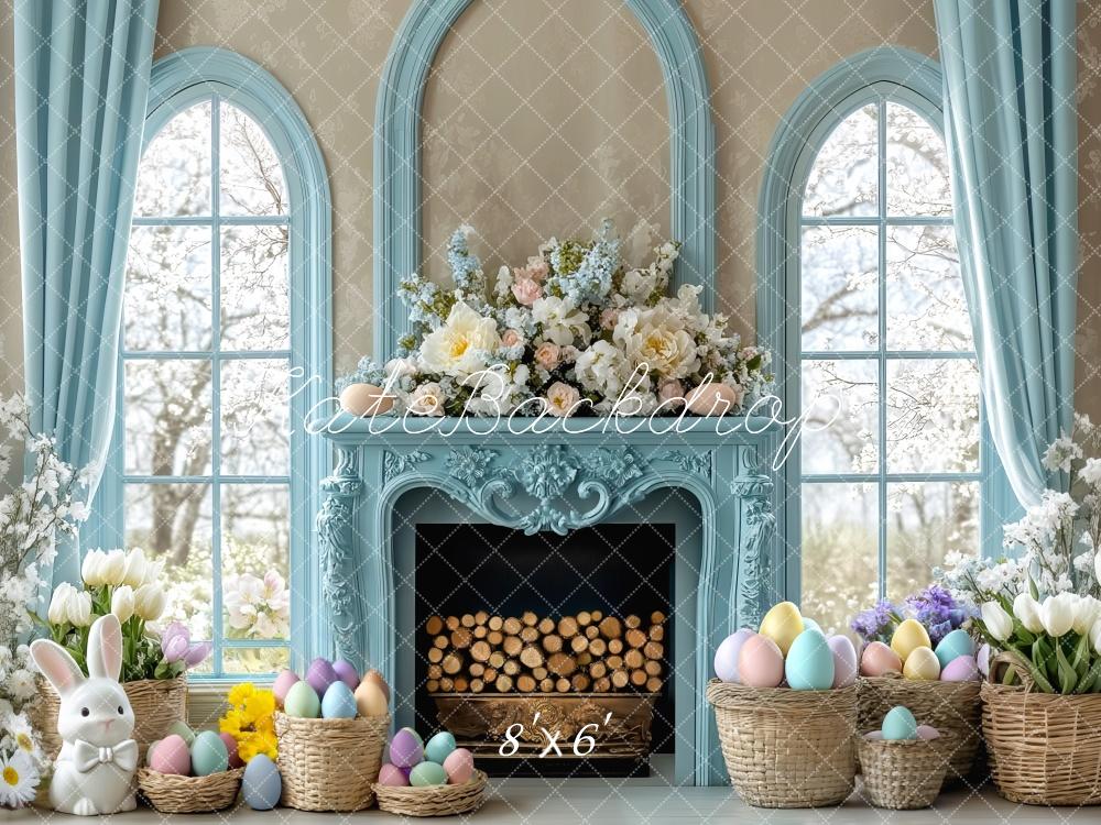 Kate Easter Bunny Floral Fireplace Blue Backdrop Designed by Mini MakeBelieve