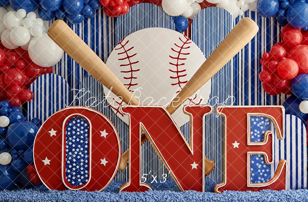 Kate Cake Smash Baseball Bats Balloons ONE Letters Red White Blue Printed Backdrop Designed by Emetselch