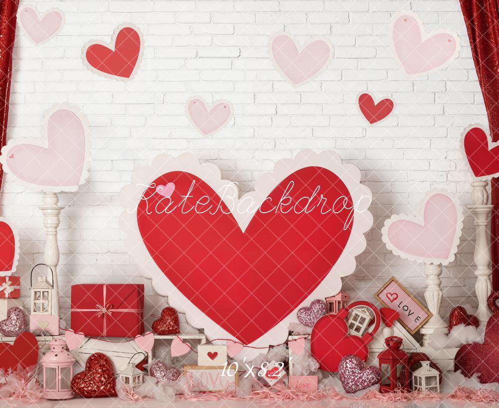 Kate Valentine's Day Red Hearts Gifts White Brick Wall Backdrop Designed by Emetselch