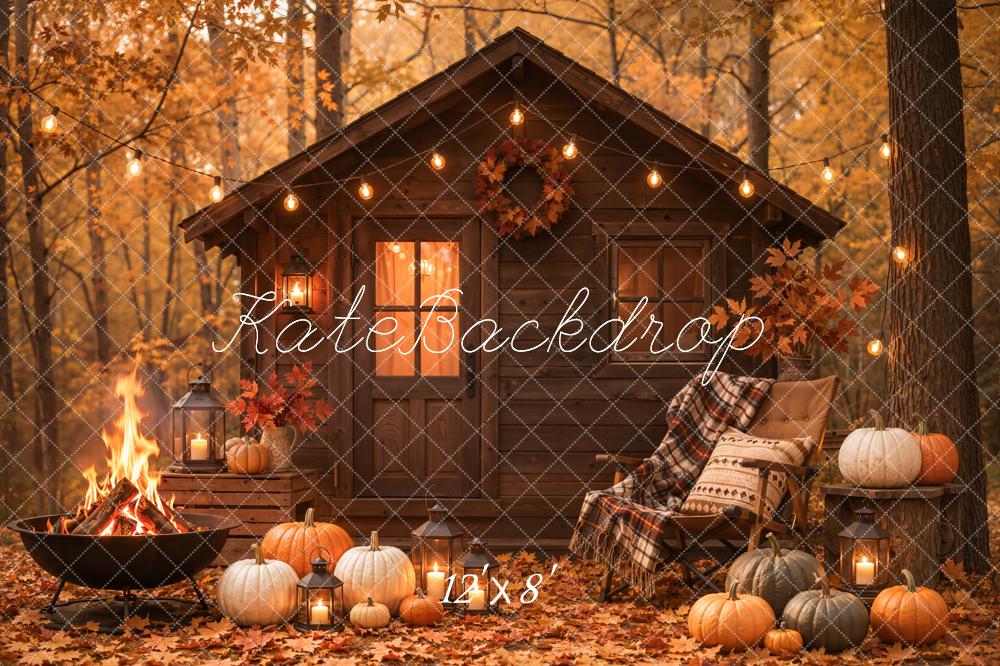 TEST Kate Fall Forest Cabin Pumpkin Fire Pit Printed Backdrop Designed by Emetselch