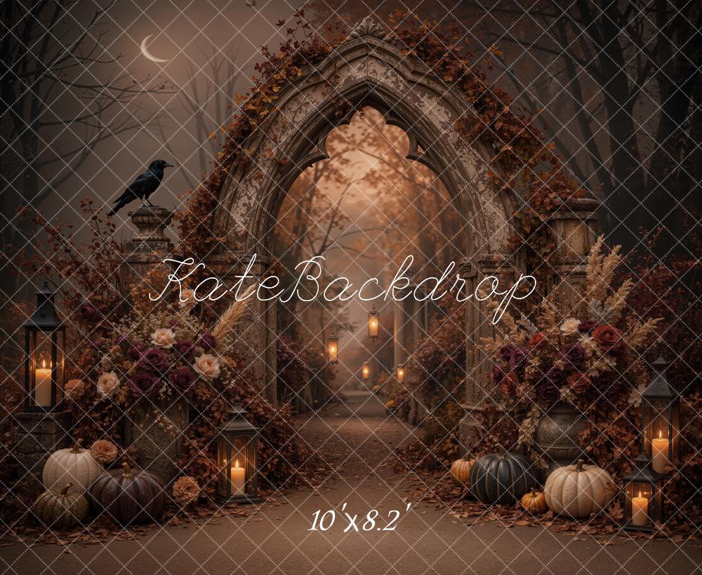 Kate Halloween Gothic Arch Pumpkins Flowers Candles Printed Backdrop Designed by Jordan Moon