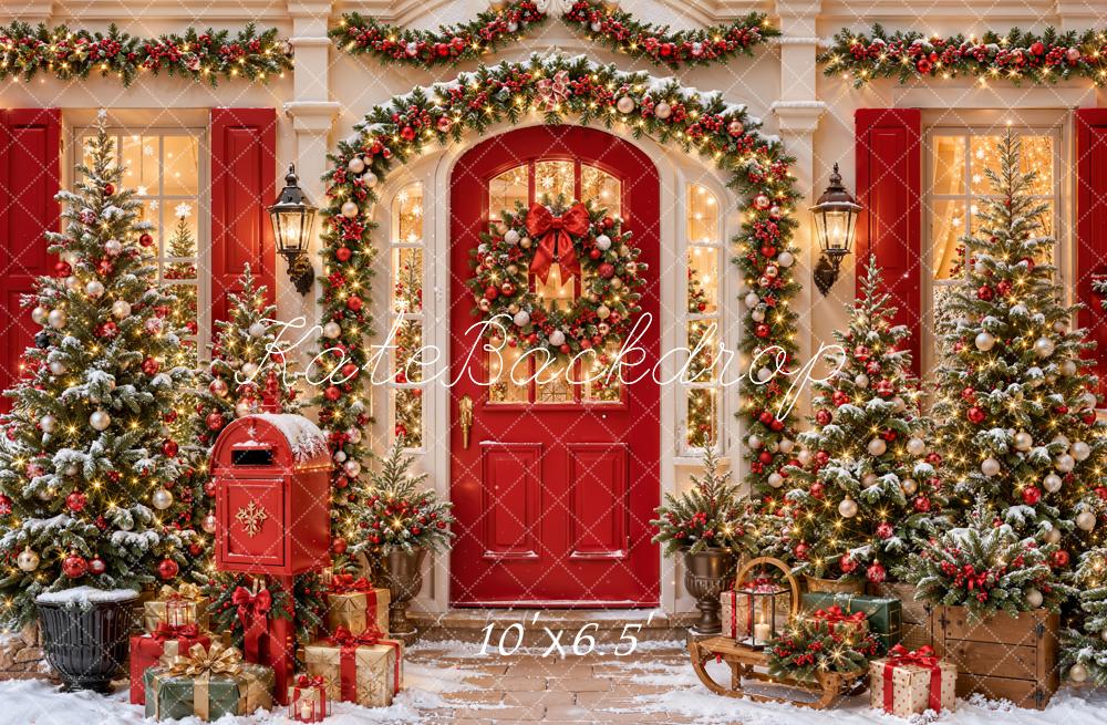 Kate Christmas Red Door Mailbox Garland Trees Victorian House Printed Backdrop Designed by Emetselch