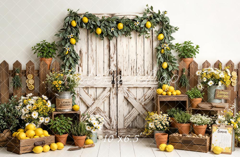 Kate Summer Lemon Garden Flowers Rustic Fence Barn Door Printed Backdrop Designed by Emetselch