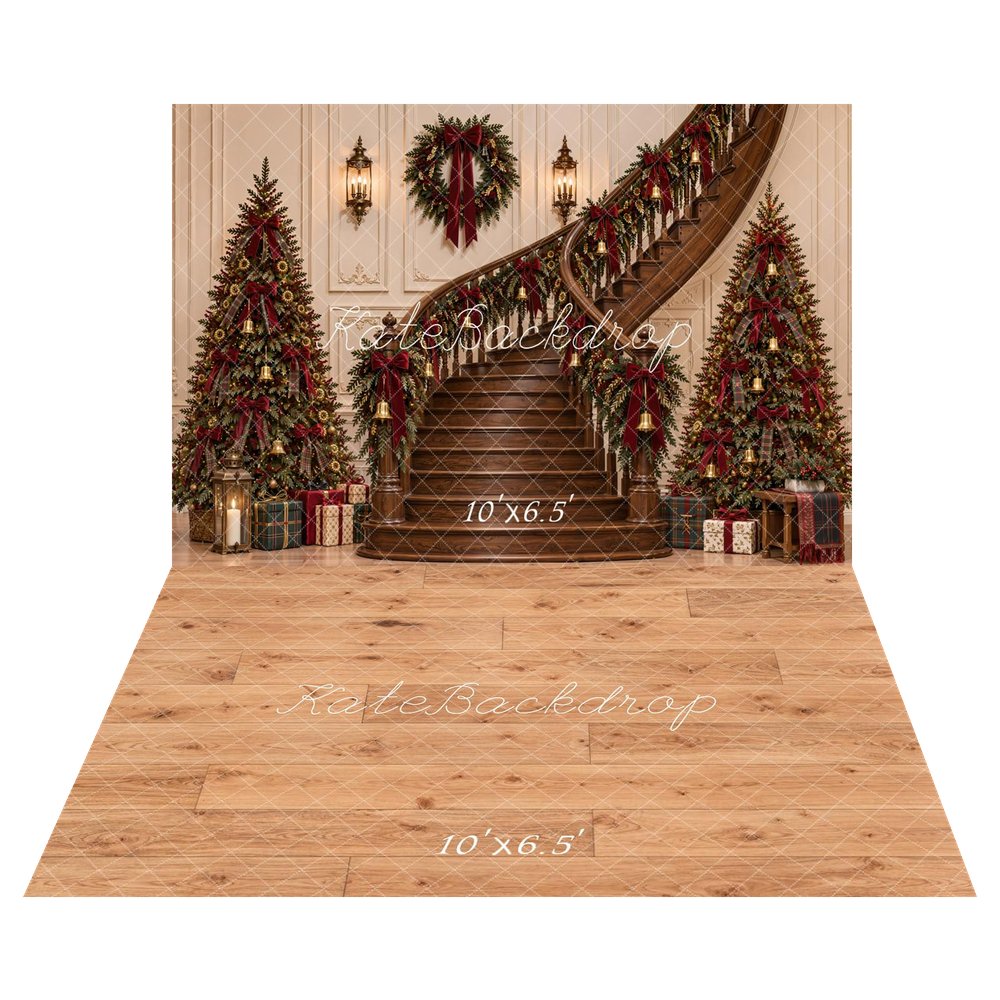 Kate Christmas Staircase Trees Wreath Decor Printed Backdrop+Light Brown Wood Plank Diamond Pattern Floor Backdrop Printed Backdrop