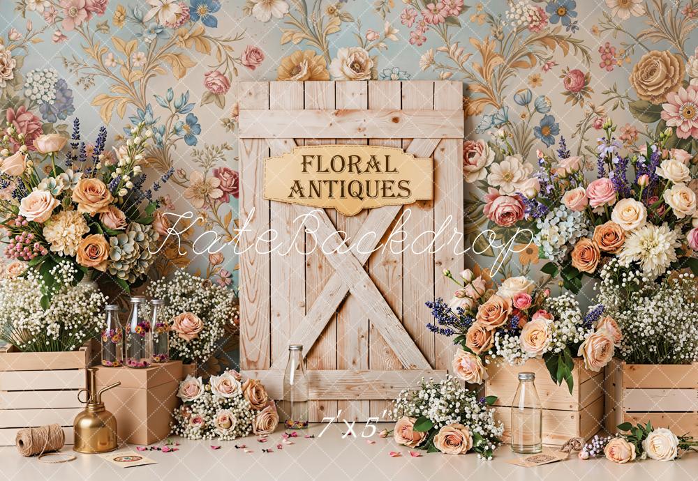 Kate Spring Floral Antiques Barn Door Flowers Crates Printed Backdrop Designed by Emetselch