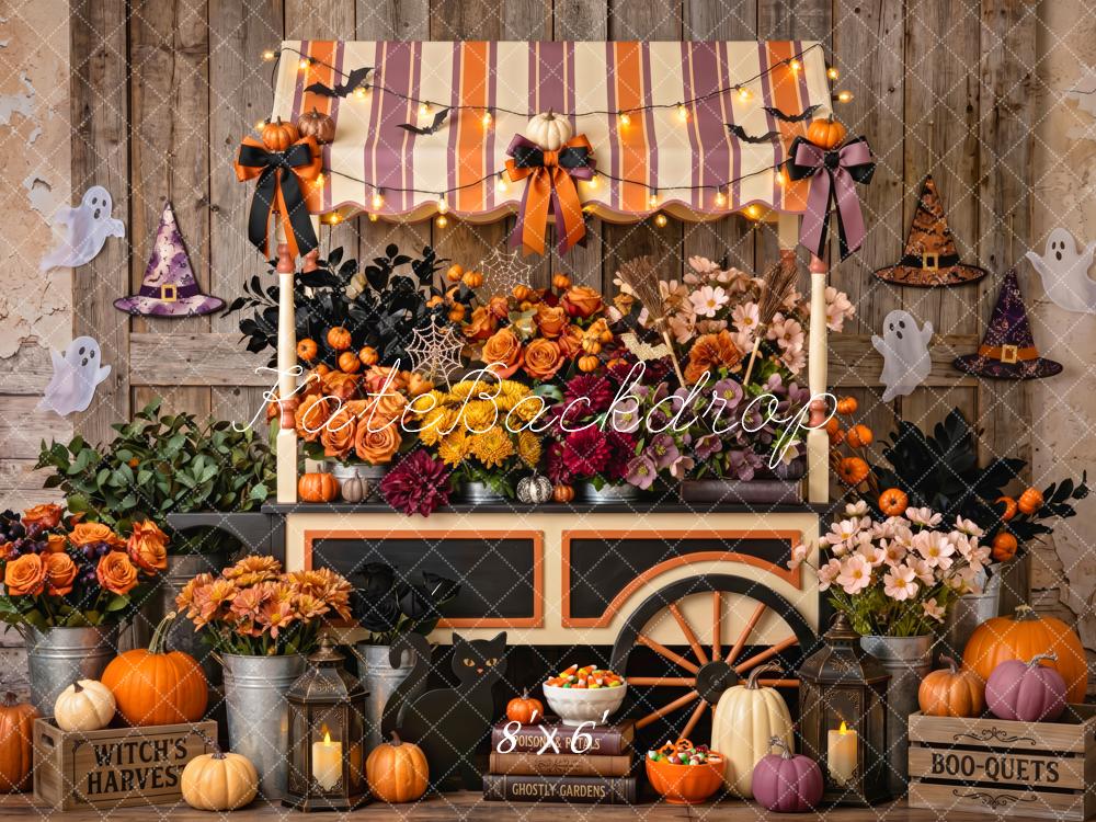 Kate Halloween Pumpkin Floral Cart Witch Bow Striped Awning Printed Backdrop Designed by Patty Roberts